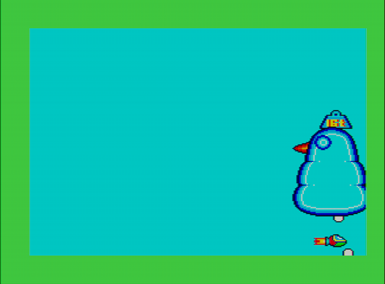 Captura del videojuego Fantasy Zone. La nave protagonista está bajo un muñeco de nieve gigante al que le ha caído en la cabeza una pesa con la inscripción '16t'