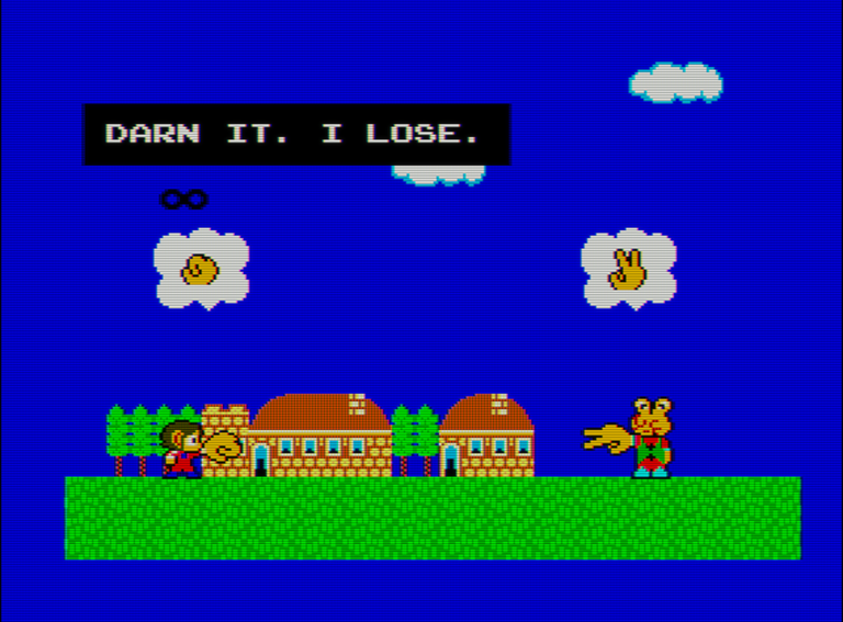 Captura del videojuego Alex Kidd in Miracle World. En ella vemos al protagonista jugando a piedra, papel, tijera con un enemigo. La cabeza del enemigo tiene forma de tijeras. Sobre ambos hay una nube y, en su interior unas manos representando un puño y una tijera, respectivamente. En la parte superior se lee la frase 'DARN IT. I LOSE.'