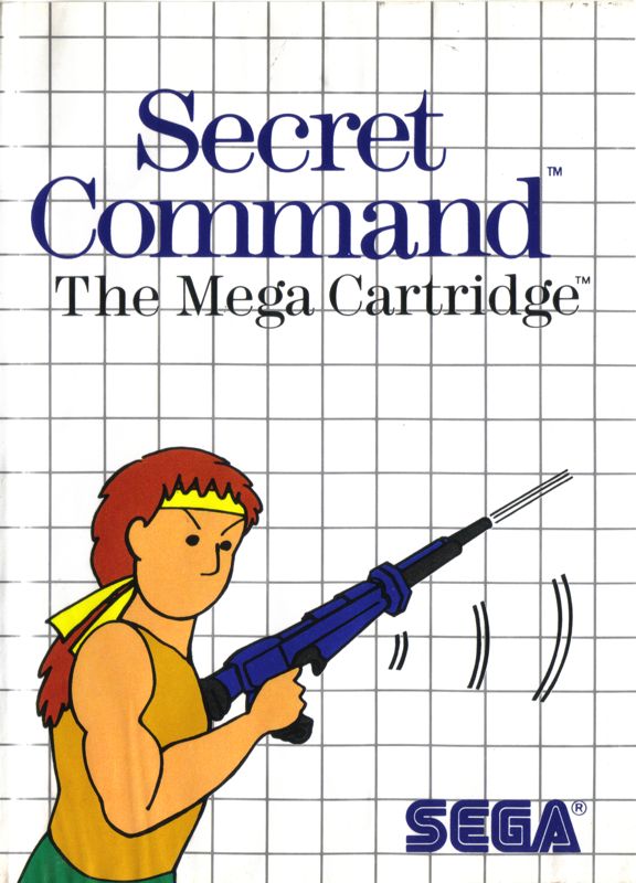 Portada del videojuego Secret Command. En la parte superior se ve el título en grandes letras azules. En la inferior un guerrero con largo pelo castaño, una bandana amarilla y una camiseta de tirantes marrón. En su musculado brazo derecho empuña un rifle de asalto.