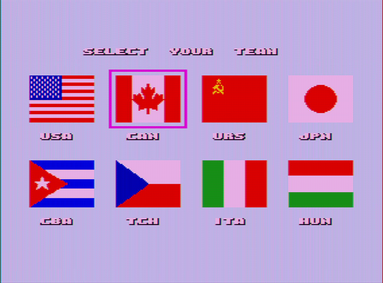 Captura de Great Baskeball con las banderas de EEUU, Canadá, la URSS, Japón, Cuba, Checoslovaquia, Italia y Hungría.