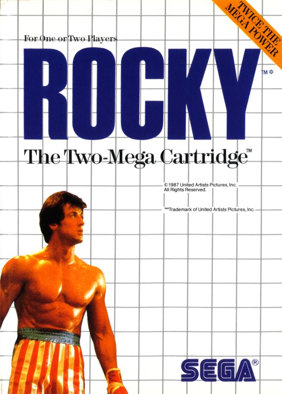 Portada de Rocky. En la parte superior vemos el título con la fuente usada en el cartel de la película. Abajo a la izquierda vemos una fotografía de Rocky, un boxeador musculado con unos pantalones cuyos colores recuerdan la bandera de EEUU.