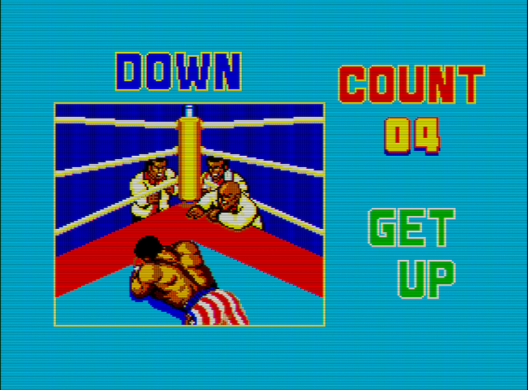 Captura de Rocky. Vemos a Apollo tendido en un rincon del ring mientras su entrenador lo anima a lenvantarse. En la parte de la derecha hay un contador de tiempo y el texto 'GET UP'.