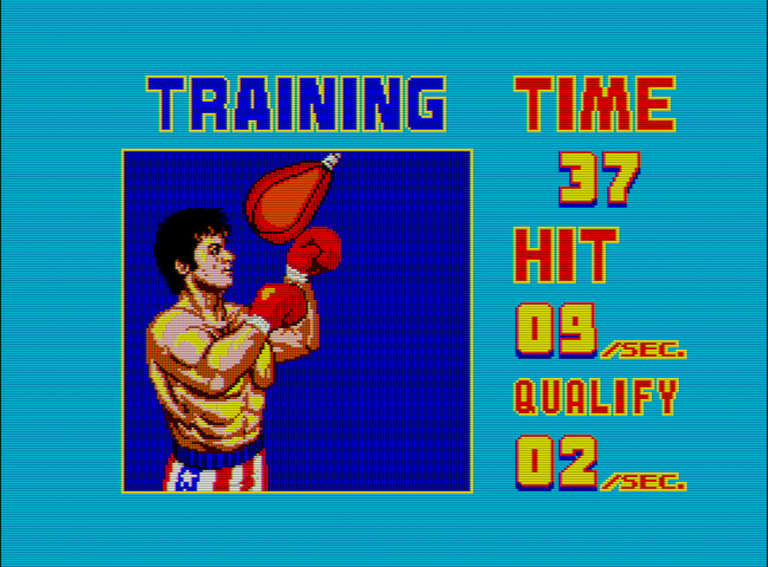 Captura de Rocky. Vemos a Rocky golpeando una pera de boxeo. A la derecha hay un contador de tiempo y golpes por segundo.
