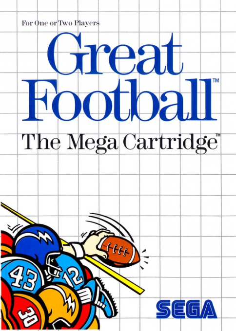 Portada de Great Football. En la parte superior vemos el título. Abajo a la izquierda vemos un montón de cascos diferentes y una mano que pasa un balón de fútbol americano sobre una linea.