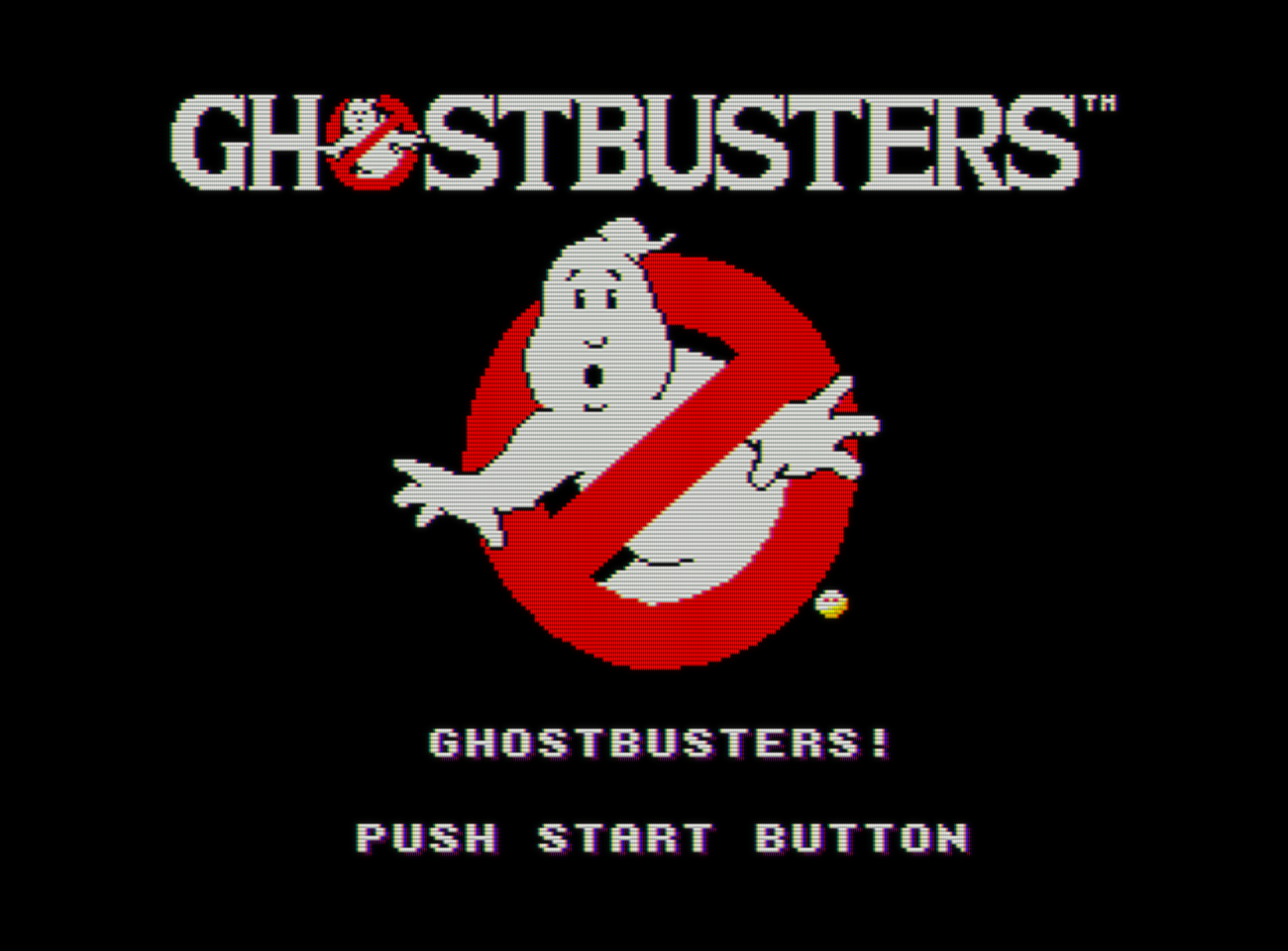 Captura de pantalla de Ghostbusters. En la parte superior vemos el título, en el centro el logotipo de la película (un fantasma dentro de una señal de prohibición) y bajo el mismo la frase 