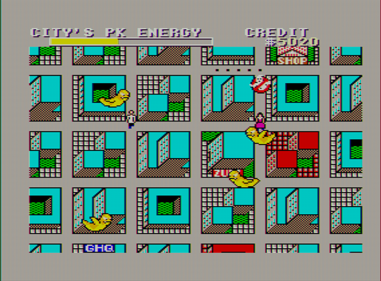 Captura de pantalla de Ghostbusters. Vemos una vista cenital de una ciudad. Las calles forman cuadrados. Por la pantalla hay cuatro fantasmas, un par de pequeños personajes y un logotipo de los cazafantasmas.