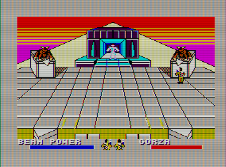 Captura de pantalla de Ghostbusters. Una terraza. En la parte superior vemos lo que parece un templo y un personaje dentro del mismo. A sus lados hay dos estatuas de unos demonios a cuatro patas. Bajo una de ellas hay otro personaje.