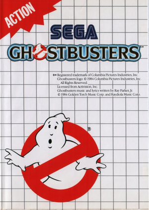 Portada de Ghostbusters. En la esquina superior izquierda se lee la palabra Action. El la parte superior se ve el título con la fuente usada en el cartel de la película. En la parte inferior se ve un fantasma dentro de una señal de prohibido el paso.