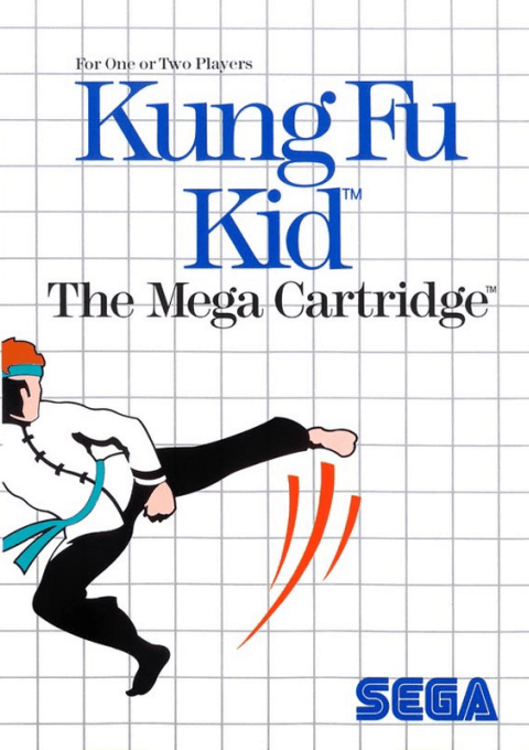 Portada de Kung Fu Kid. El la parte superior se ve el título En la parte inferior se ve una persona vestida con un traje de Kung Fu lanzando una patada lateral.