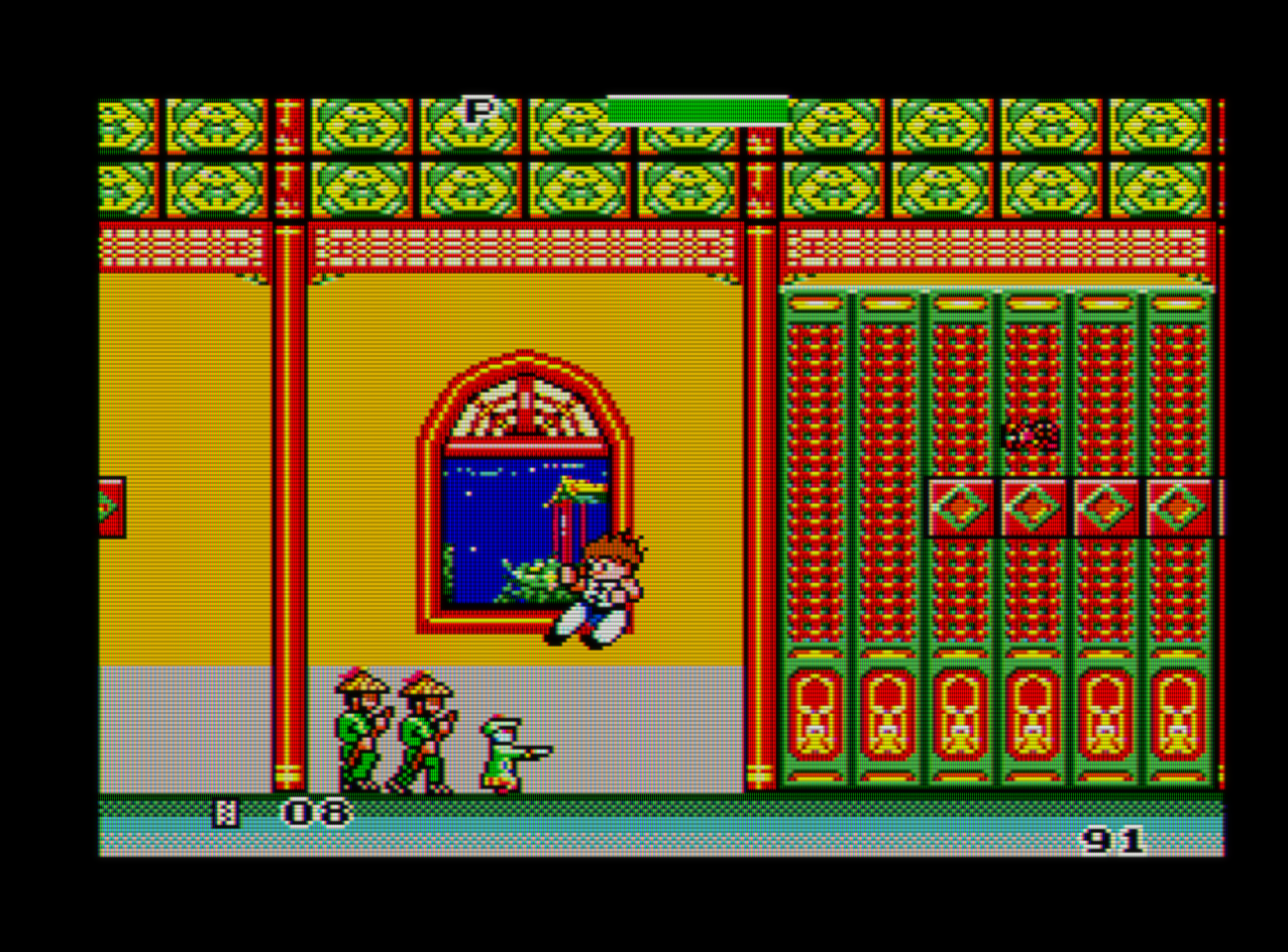 Captura de pantalla de Kung Fu Kid. En ella se ve al protagonista saltando en el aire hacia tres enemigos. La escena trascurre en el interior de un llamativo palacio de estilo asiático.